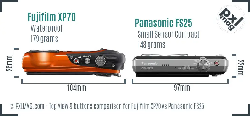 Fujifilm XP70 vs Panasonic FS25 top view buttons comparison Fujifilm XP70 vs Panasonic FS25 top view buttons comparison