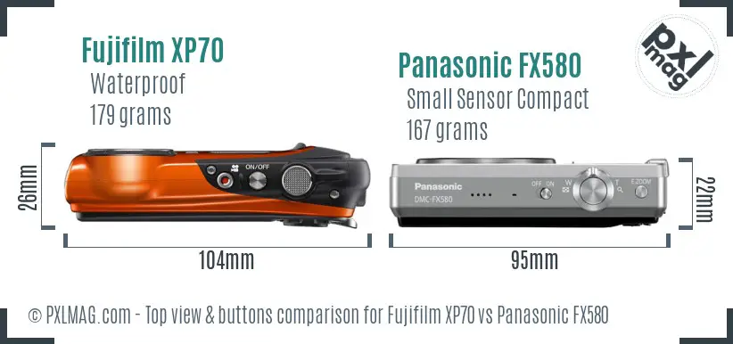 Fujifilm XP70 vs Panasonic FX580 top view buttons comparison Fujifilm XP70 vs Panasonic FX580 top view buttons comparison