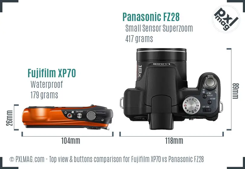 Fujifilm XP70 vs Panasonic FZ28 top view buttons comparison