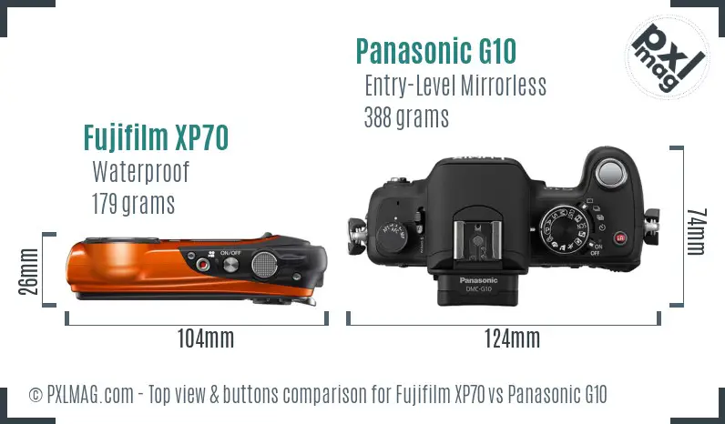 Fujifilm XP70 vs Panasonic G10 top view buttons comparison
