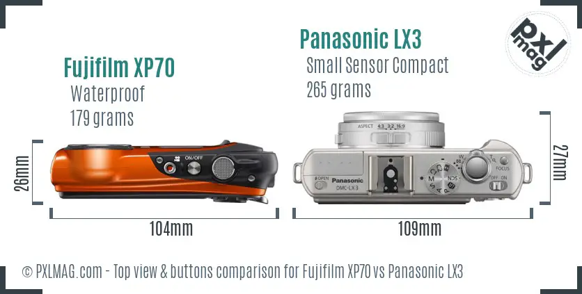 Fujifilm XP70 vs Panasonic LX3 top view buttons comparison