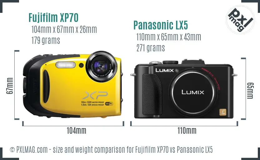 Fujifilm XP70 vs Panasonic LX5 size comparison