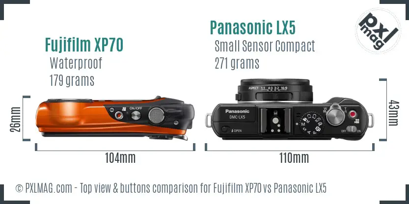 Fujifilm XP70 vs Panasonic LX5 top view buttons comparison