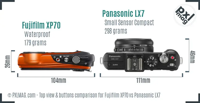 Fujifilm XP70 vs Panasonic LX7 top view buttons comparison