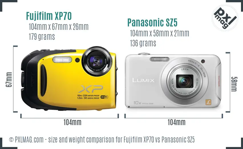 Fujifilm XP70 vs Panasonic SZ5 size comparison