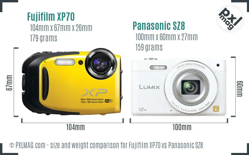 Fujifilm XP70 vs Panasonic SZ8 size comparison