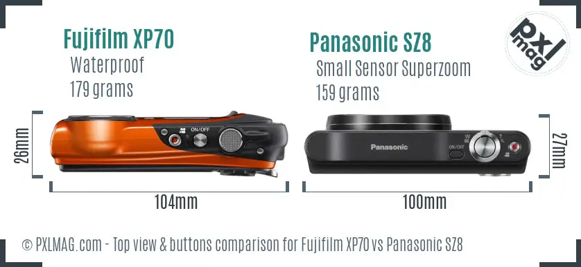 Fujifilm XP70 vs Panasonic SZ8 top view buttons comparison