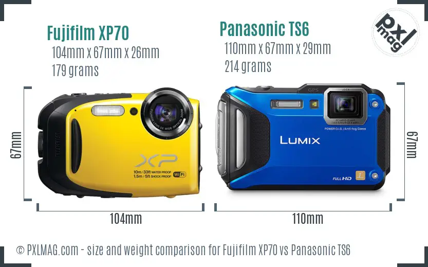 Fujifilm XP70 vs Panasonic TS6 size comparison