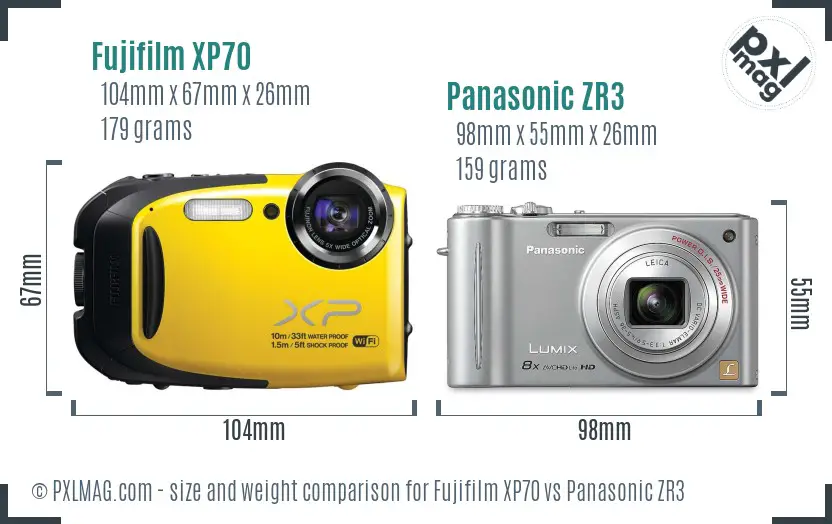Fujifilm XP70 vs Panasonic ZR3 size comparison