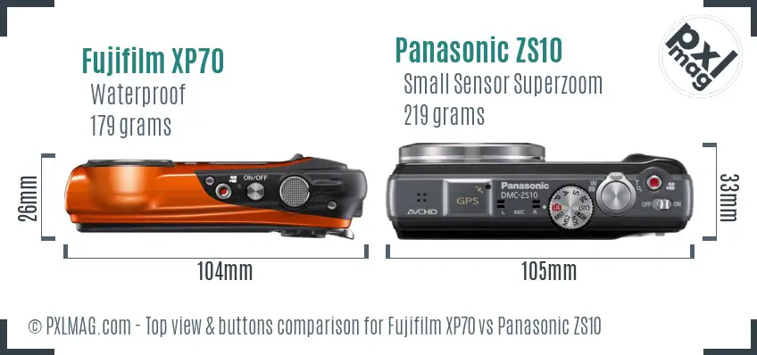 Fujifilm XP70 vs Panasonic ZS10 top view buttons comparison