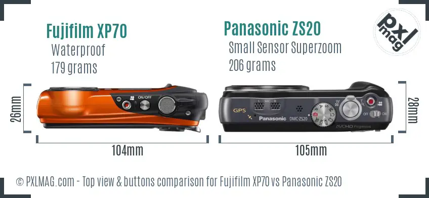 Fujifilm XP70 vs Panasonic ZS20 top view buttons comparison