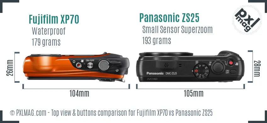 Fujifilm XP70 vs Panasonic ZS25 top view buttons comparison Fujifilm XP70 vs Panasonic ZS25 top view buttons comparison