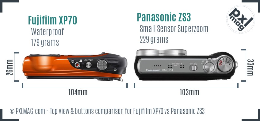 Fujifilm XP70 vs Panasonic ZS3 top view buttons comparison