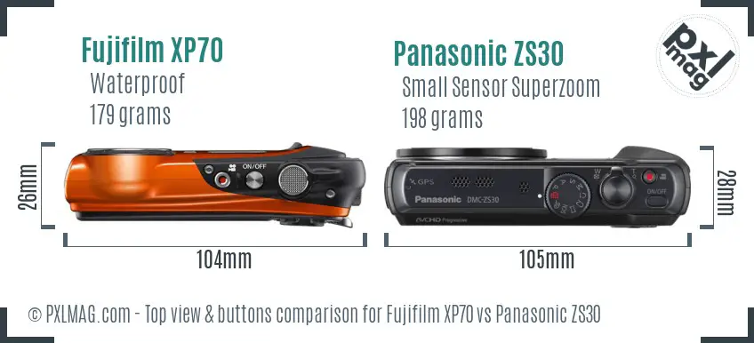 Fujifilm XP70 vs Panasonic ZS30 top view buttons comparison