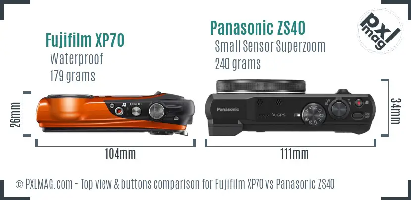 Fujifilm XP70 vs Panasonic ZS40 top view buttons comparison Fujifilm XP70 vs Panasonic ZS40 top view buttons comparison