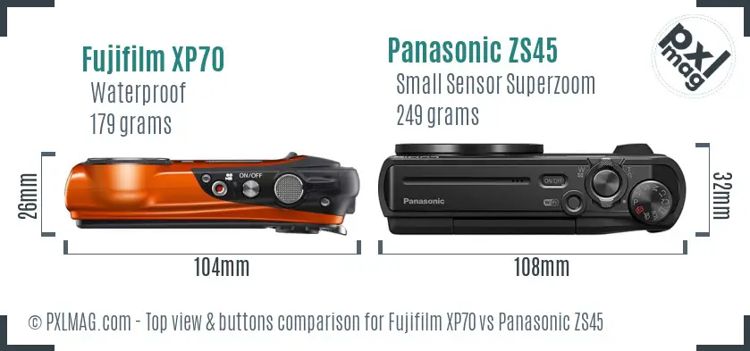 Fujifilm XP70 vs Panasonic ZS45 top view buttons comparison