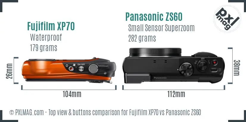 Fujifilm XP70 vs Panasonic ZS60 top view buttons comparison Fujifilm XP70 vs Panasonic ZS60 top view buttons comparison