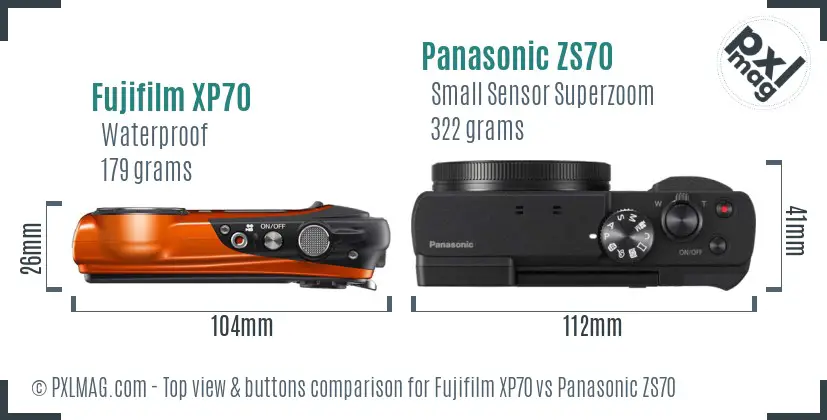 Fujifilm XP70 vs Panasonic ZS70 top view buttons comparison