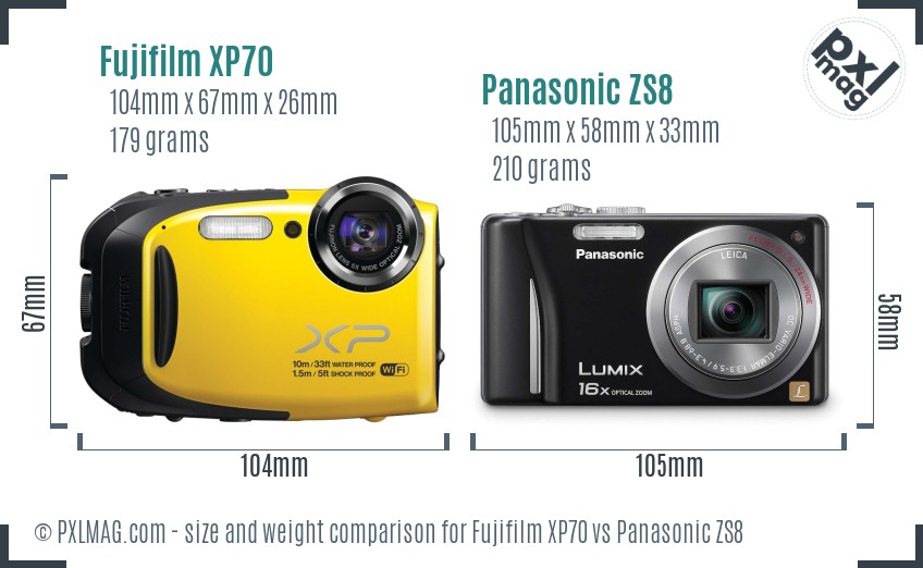 Fujifilm XP70 vs Panasonic ZS8 size comparison