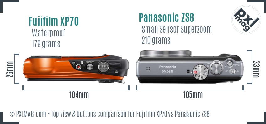 Fujifilm XP70 vs Panasonic ZS8 top view buttons comparison