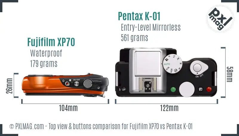Fujifilm XP70 vs Pentax K-01 top view buttons comparison