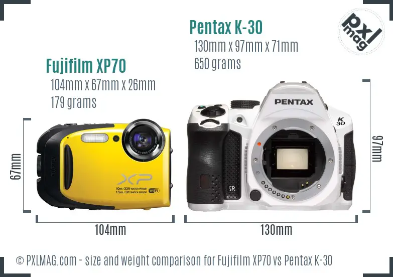 Fujifilm XP70 vs Pentax K-30 size comparison