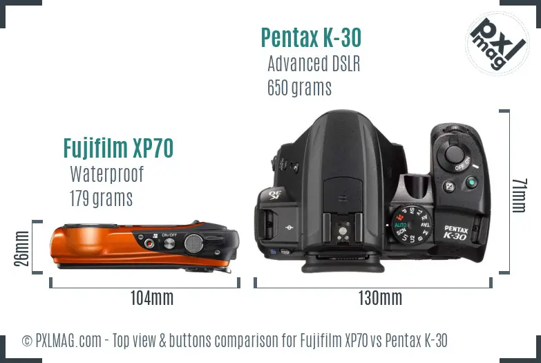 Fujifilm XP70 vs Pentax K-30 top view buttons comparison