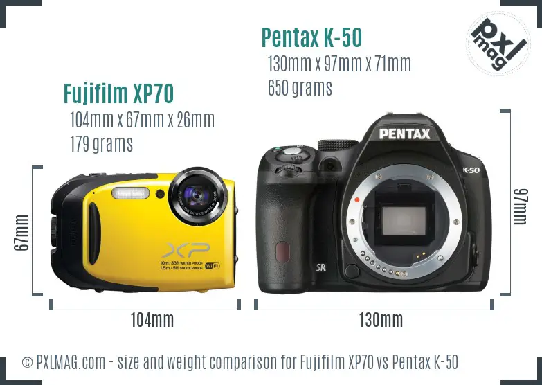 Fujifilm XP70 vs Pentax K-50 size comparison