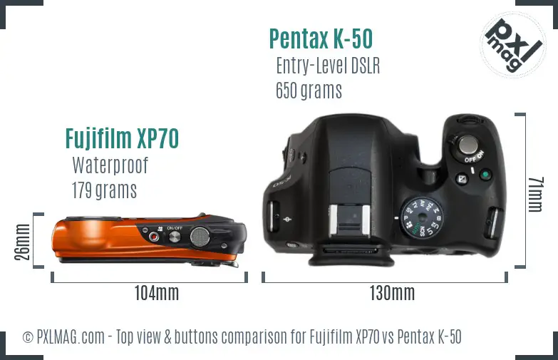 Fujifilm XP70 vs Pentax K-50 top view buttons comparison
