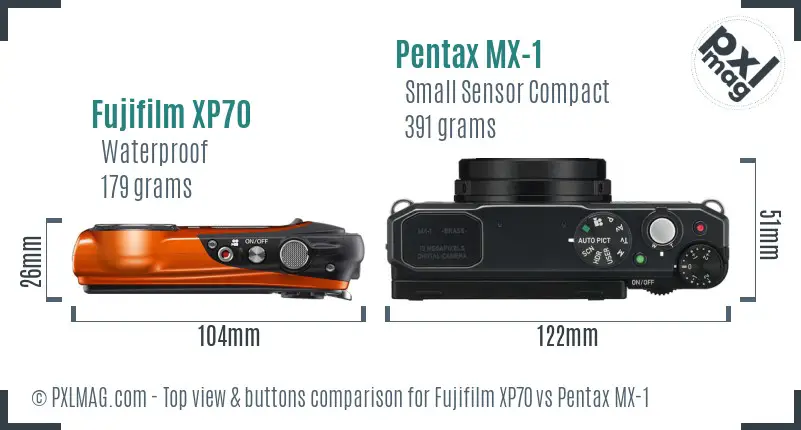 Fujifilm XP70 vs Pentax MX-1 top view buttons comparison Fujifilm XP70 vs Pentax MX-1 top view buttons comparison