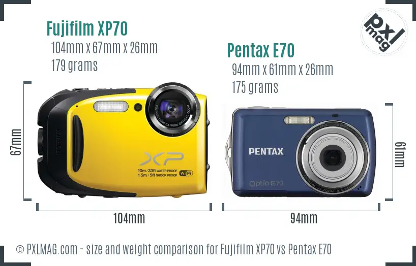 Fujifilm XP70 vs Pentax E70 size comparison