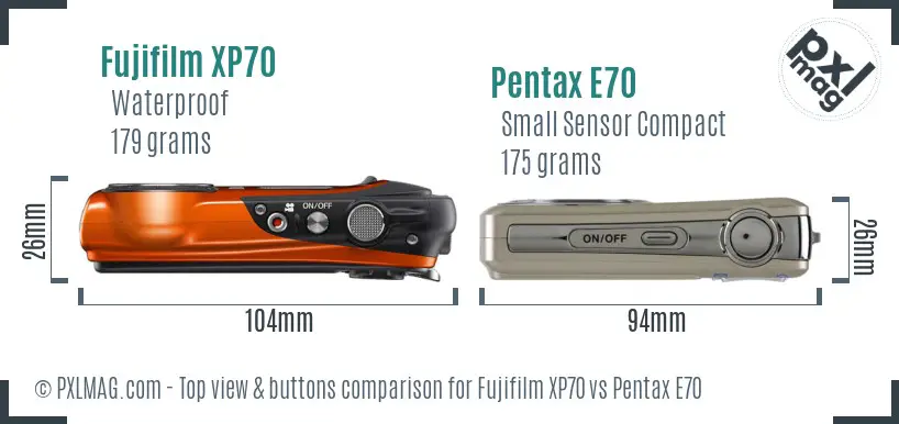 Fujifilm XP70 vs Pentax E70 top view buttons comparison