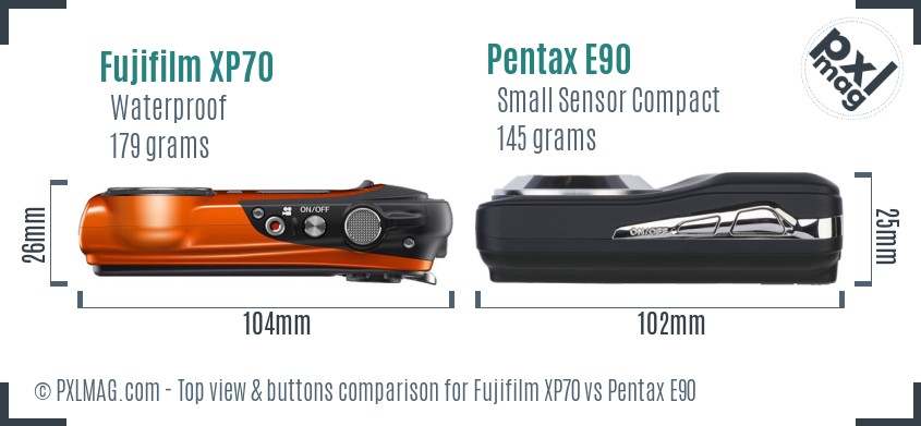 Fujifilm XP70 vs Pentax E90 top view buttons comparison