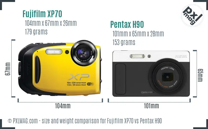 Fujifilm XP70 vs Pentax H90 size comparison
