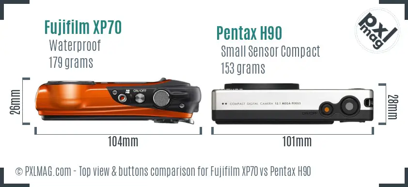 Fujifilm XP70 vs Pentax H90 top view buttons comparison