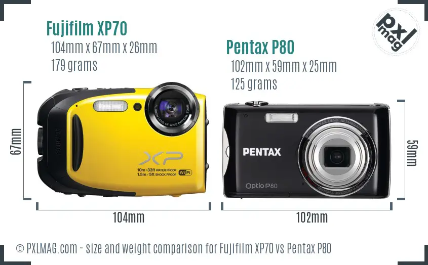 Fujifilm XP70 vs Pentax P80 size comparison