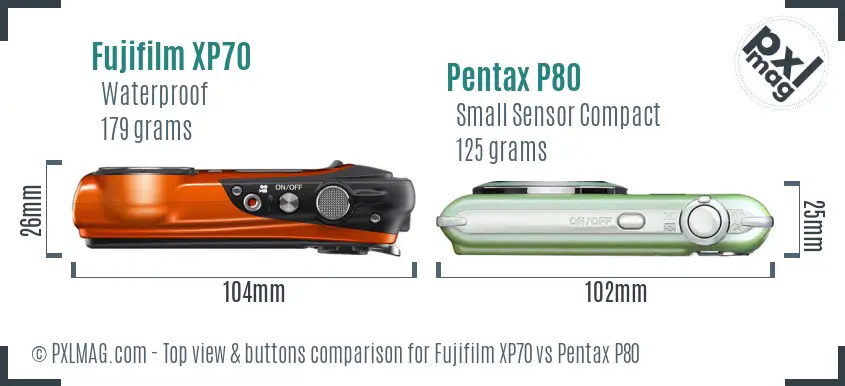 Fujifilm XP70 vs Pentax P80 top view buttons comparison