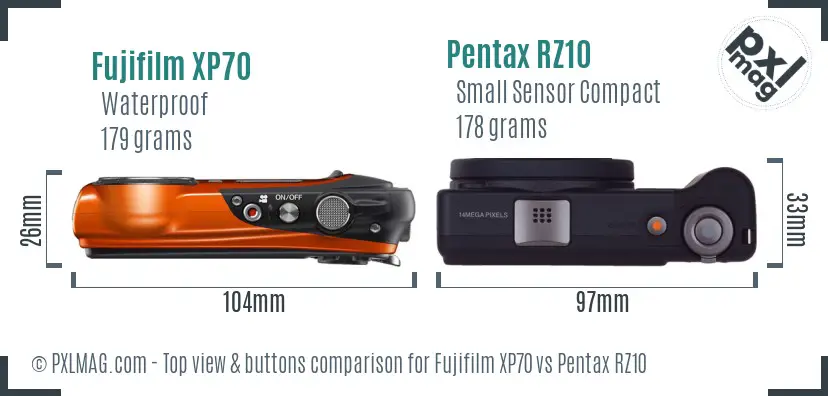 Fujifilm XP70 vs Pentax RZ10 top view buttons comparison