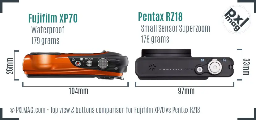Fujifilm XP70 vs Pentax RZ18 top view buttons comparison