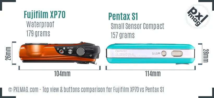 Fujifilm XP70 vs Pentax S1 top view buttons comparison