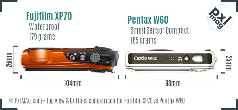 Fujifilm XP70 vs Pentax W60 top view buttons comparison
