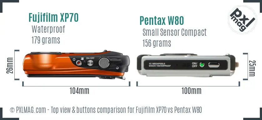 Fujifilm XP70 vs Pentax W80 top view buttons comparison