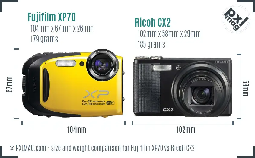 Fujifilm XP70 vs Ricoh CX2 size comparison