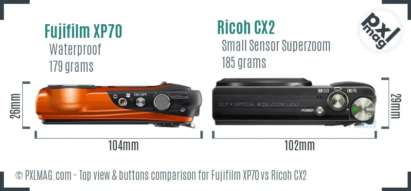 Fujifilm XP70 vs Ricoh CX2 top view buttons comparison