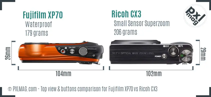 Fujifilm XP70 vs Ricoh CX3 top view buttons comparison