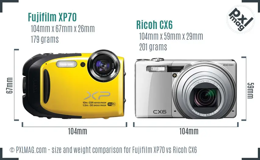 Fujifilm XP70 vs Ricoh CX6 size comparison