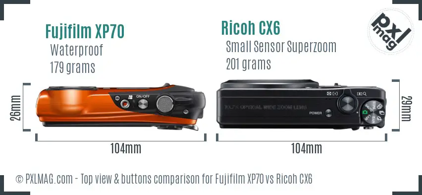 Fujifilm XP70 vs Ricoh CX6 top view buttons comparison
