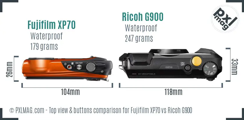 Fujifilm XP70 vs Ricoh G900 top view buttons comparison