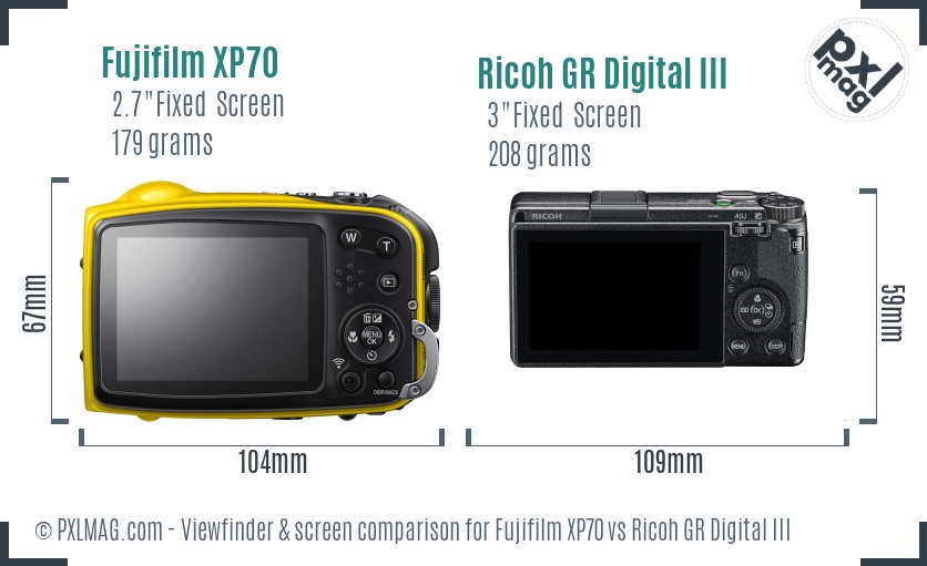 Fujifilm XP70 vs Ricoh GR Digital III Screen and Viewfinder comparison