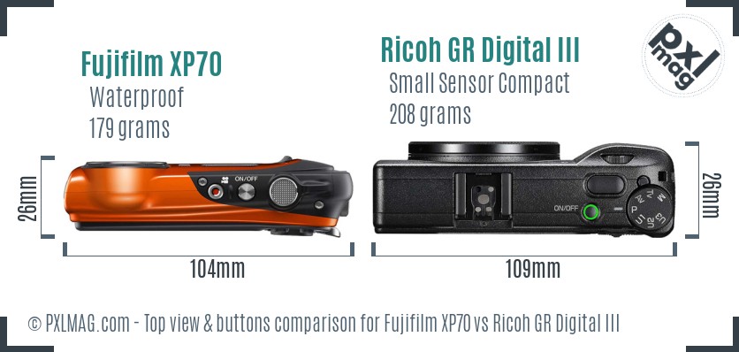 Fujifilm XP70 vs Ricoh GR Digital III top view buttons comparison